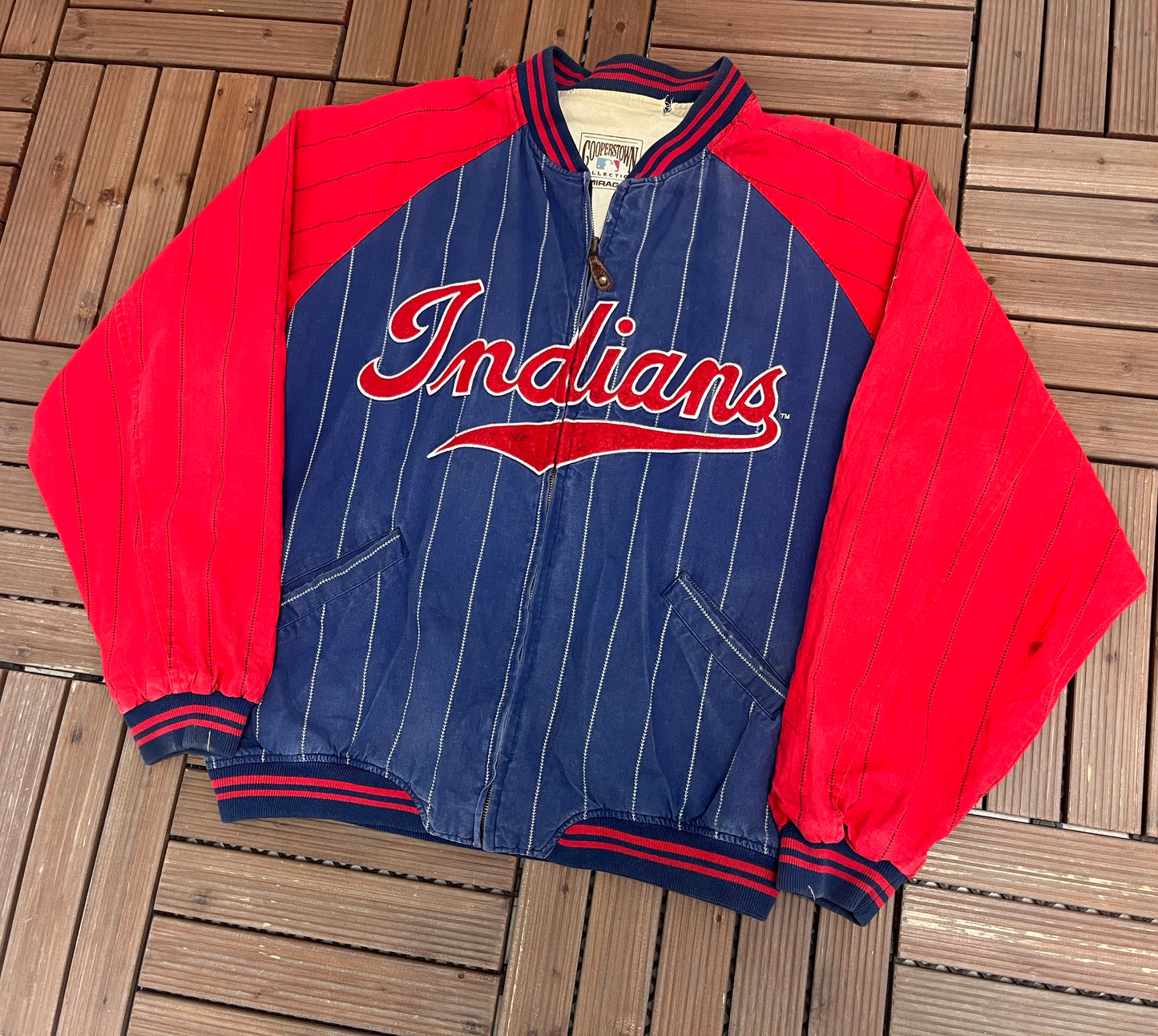 Cleveland Indians Pinstripe Stitched Graphic Jacket | Size X-Large | Vintage 1990s MLB Baseball Blue Jacket |