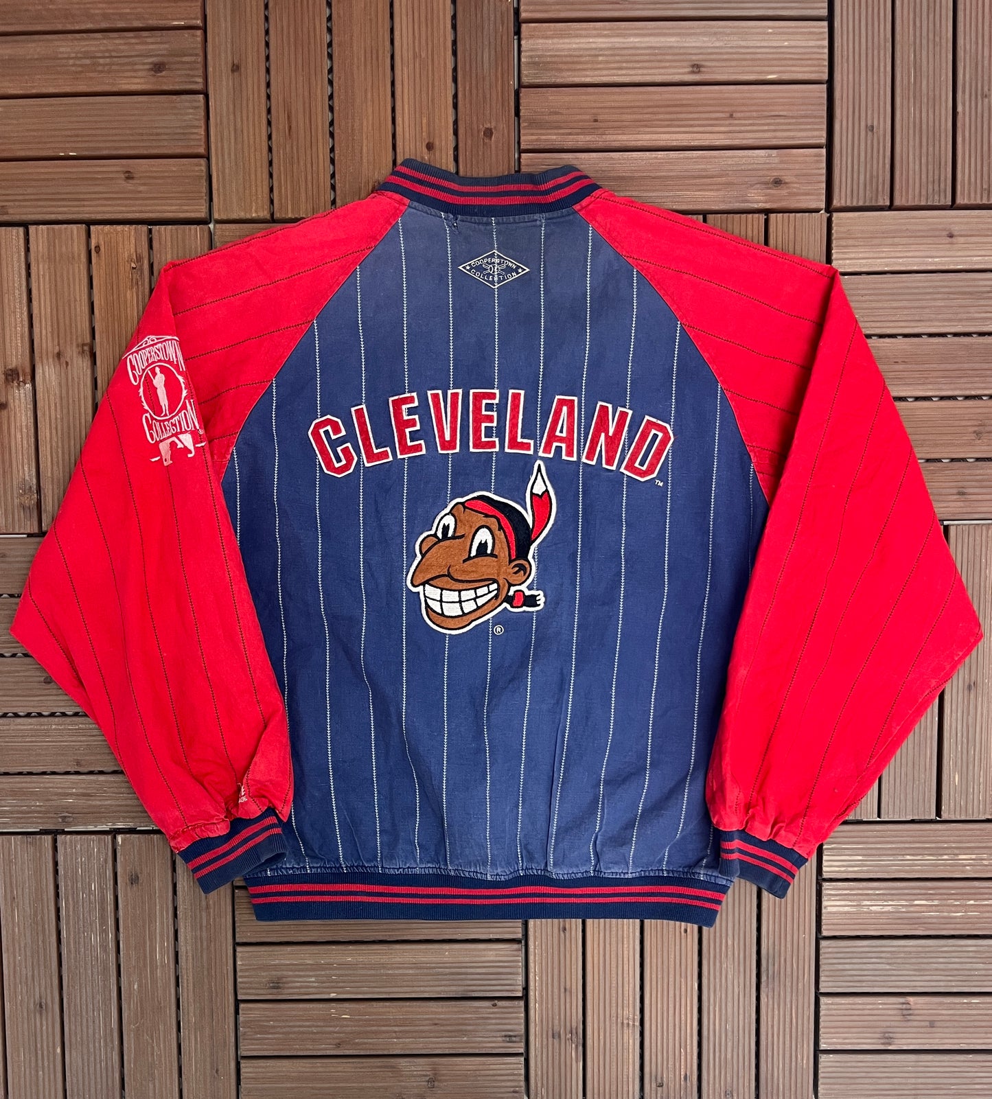 Cleveland Indians Pinstripe Stitched Graphic Jacket | Size X-Large | Vintage 1990s MLB Baseball Blue Jacket |