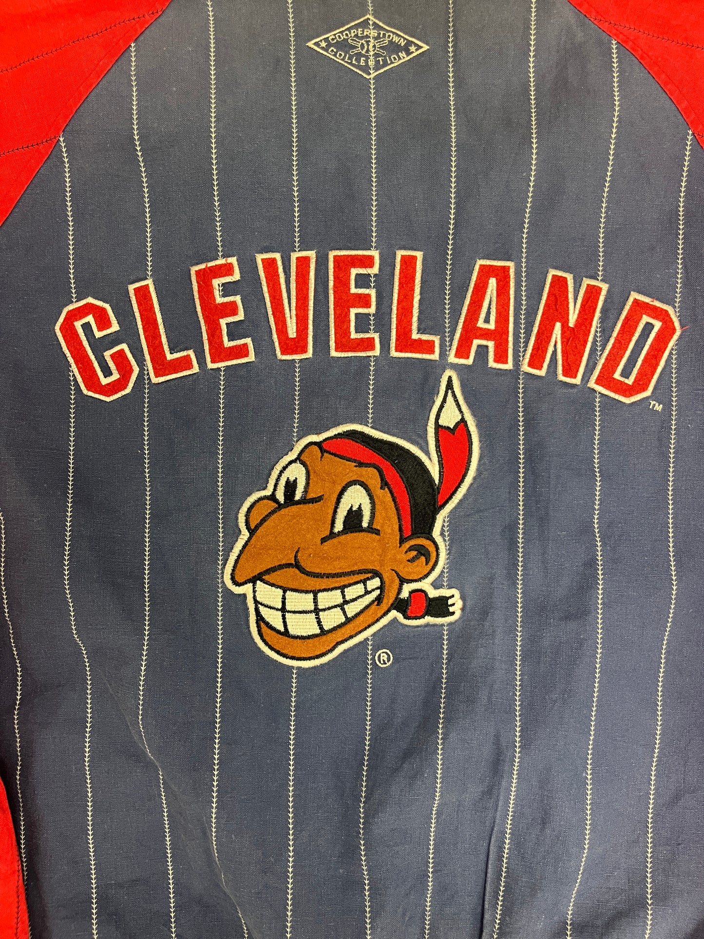 Cleveland Indians Pinstripe Stitched Graphic Jacket | Size X-Large | Vintage 1990s MLB Baseball Blue Jacket |