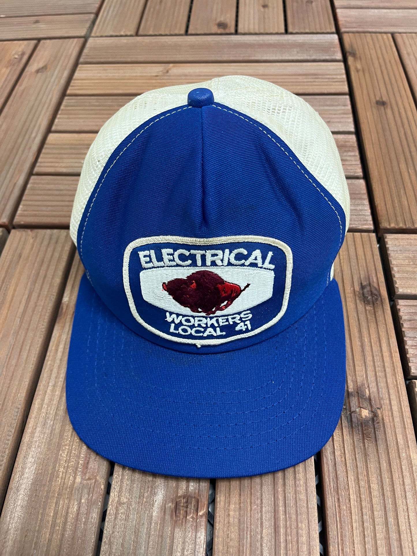 Electrical Workers Local 41 Buffalo Graphic Hat | Snap Back | Vintage 1990s Made in USA Blue Snap Back Cap |