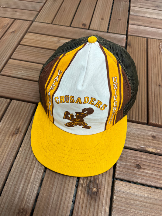 Valparaiso University Crusaders Graphic Hat | Snap Back Adjustable | Vintage 1990s College Trucker White & Brown Cap |