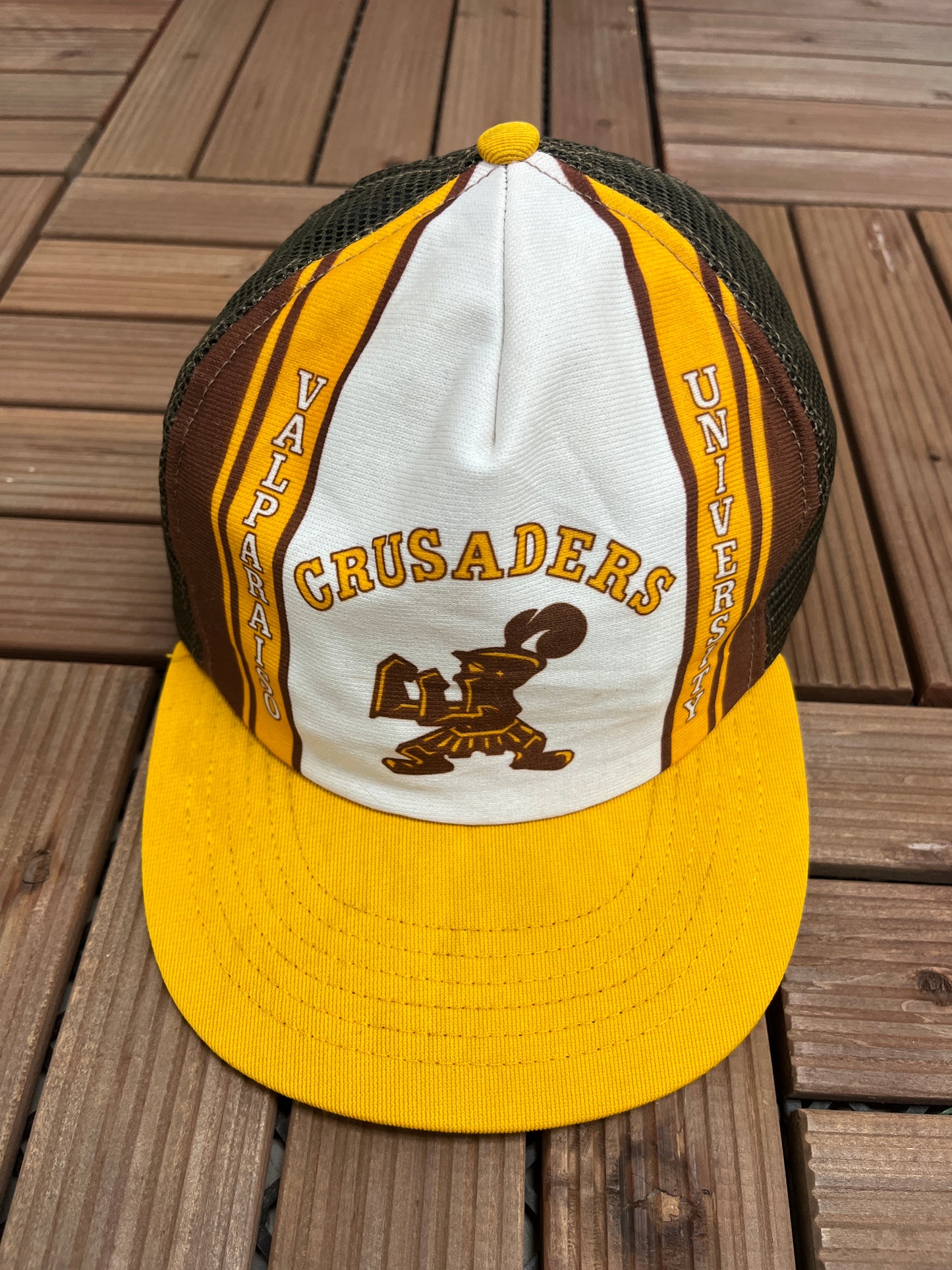 Valparaiso University Crusaders Graphic Hat | Snap Back Adjustable | Vintage 1990s College Trucker White & Brown Cap |