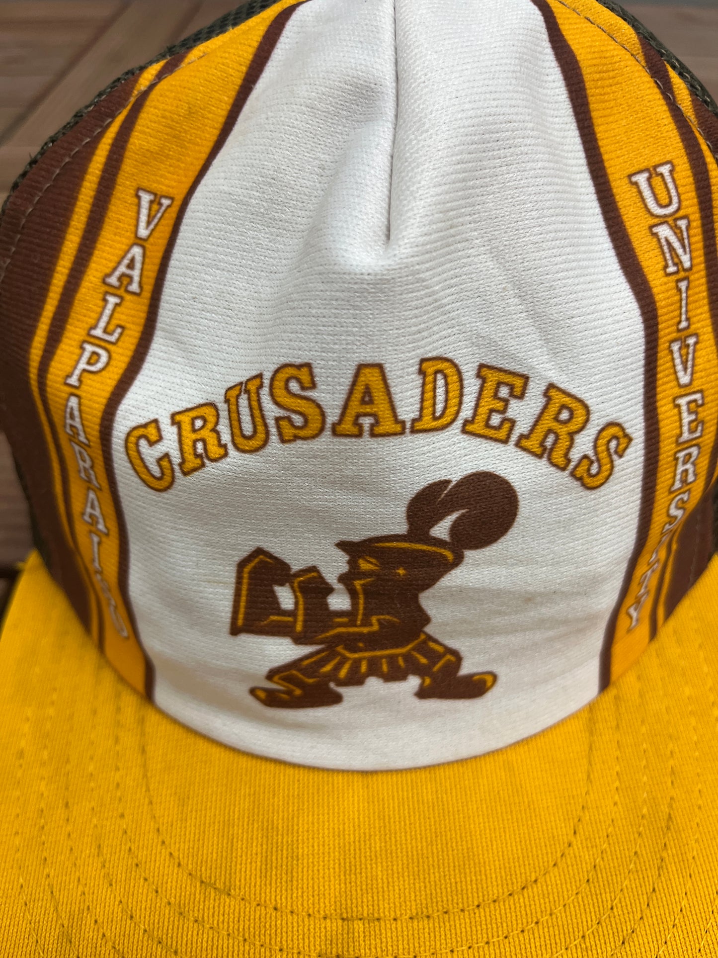 Valparaiso University Crusaders Graphic Hat | Snap Back Adjustable | Vintage 1990s College Trucker White & Brown Cap |