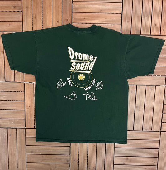 Drome Sound Music Store Graphic Tee | Size X-Large | Vintage 2000s Promotional Green T-Shirt |