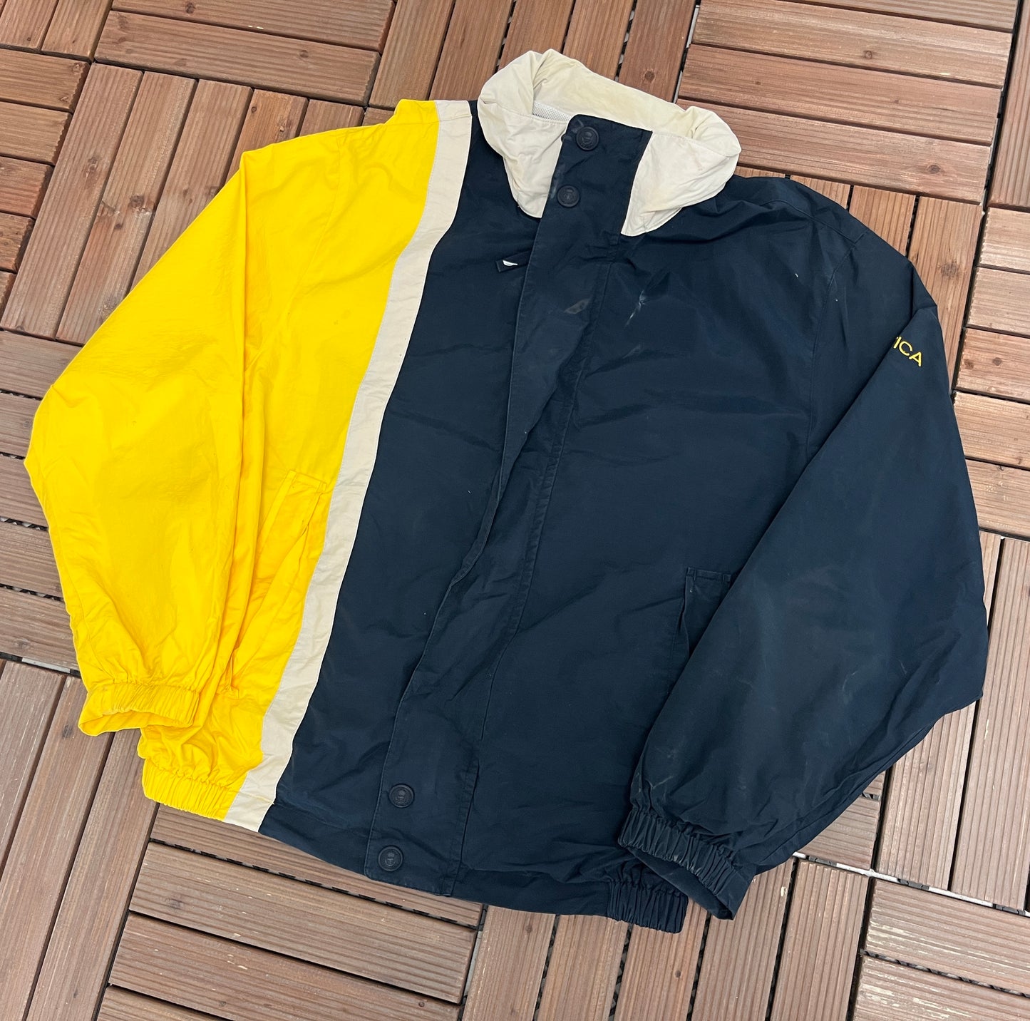 Nautica Colour Blocked Graphic Windbreaker | Size Large | Vintage 2000s Branded Yellow & Blue Windbreaker Jacket |