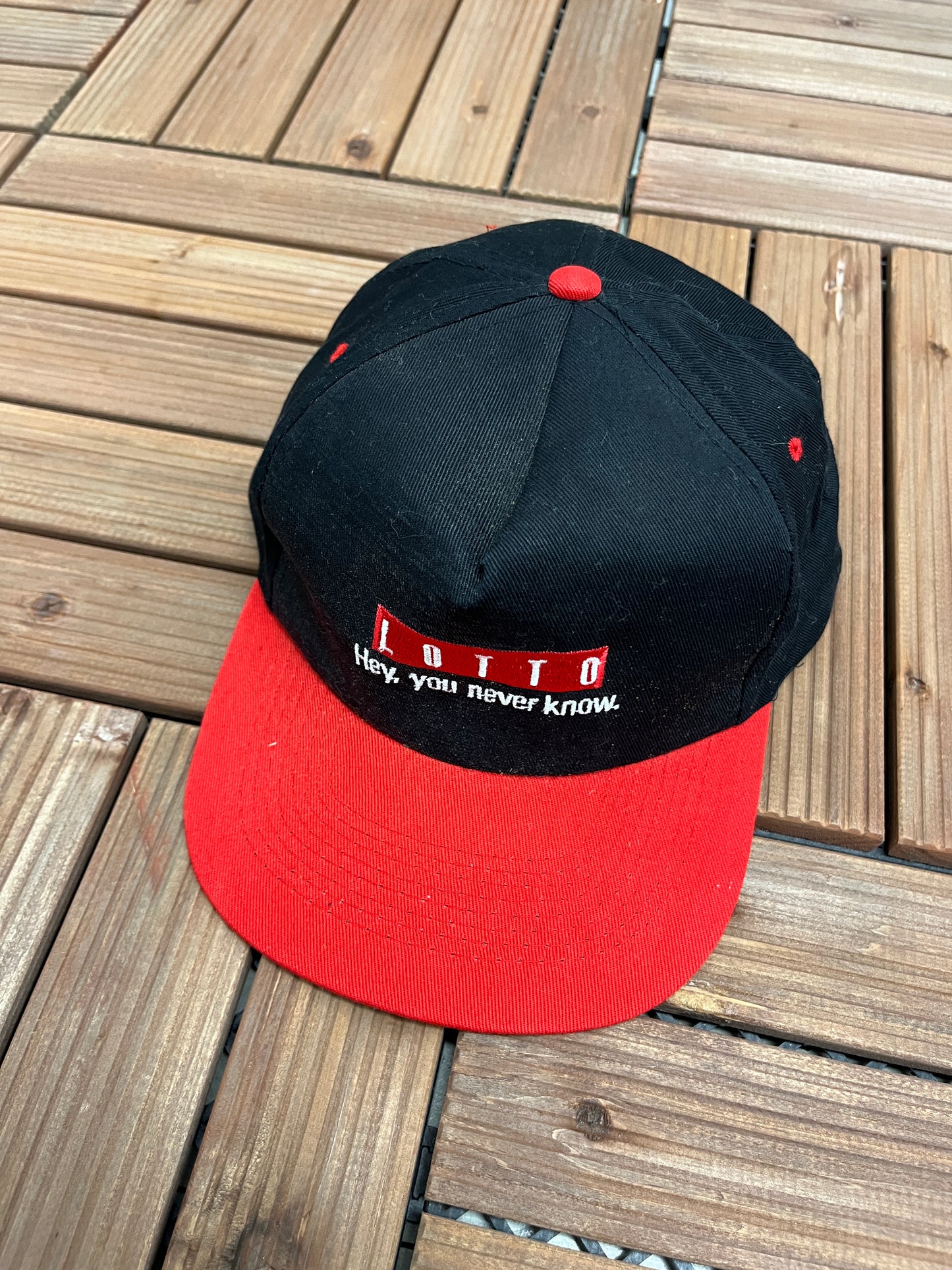 Lotto Hey, You Never Know Graphic Hat | Vintage 1990s Promotional Black Cap |