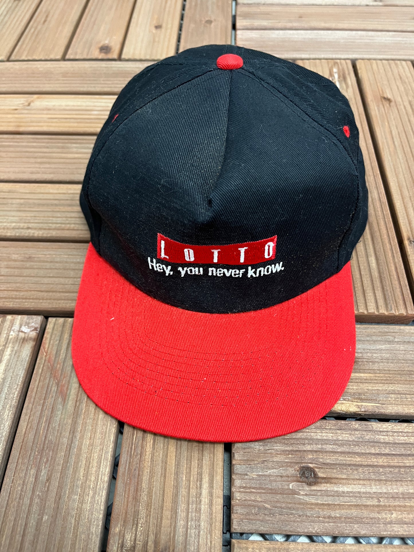 Lotto Hey, You Never Know Graphic Hat | Vintage 1990s Promotional Black Cap |