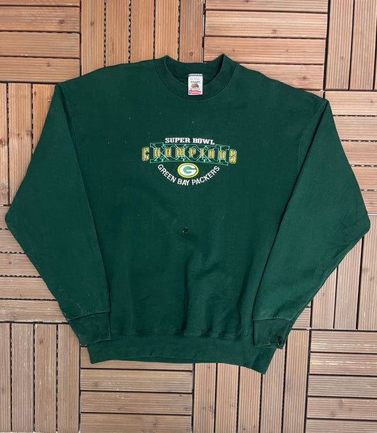 Green Bay Packers Super Bowl Champions Graphic Crewneck | Size XX-Large | Vintage 1990s NFL Football Green Sweater |