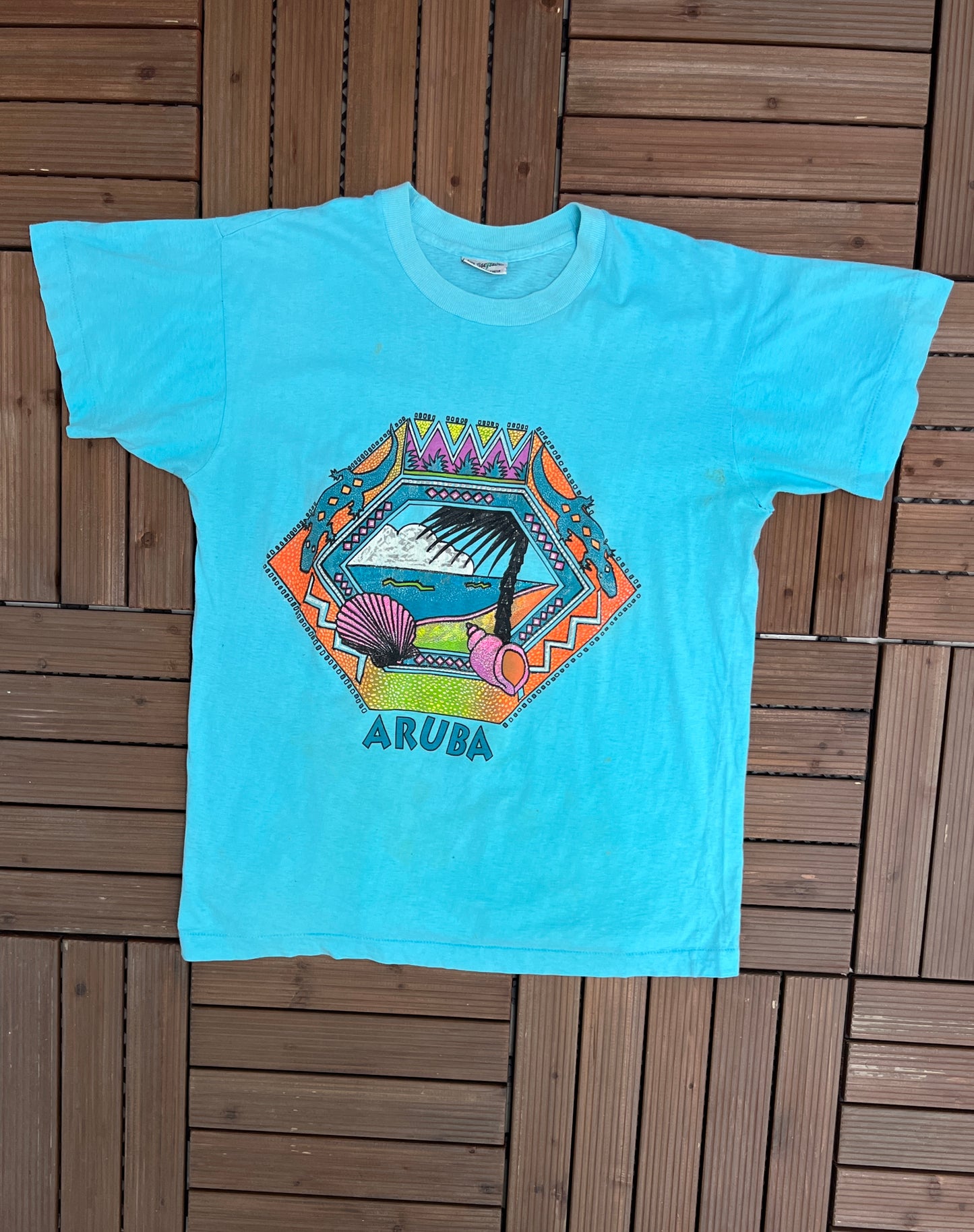 Aruba Palm Trees Graphic Tee | Size Medium | Vintage 1990s Single Stitch Tourist Blue T-Shirt |