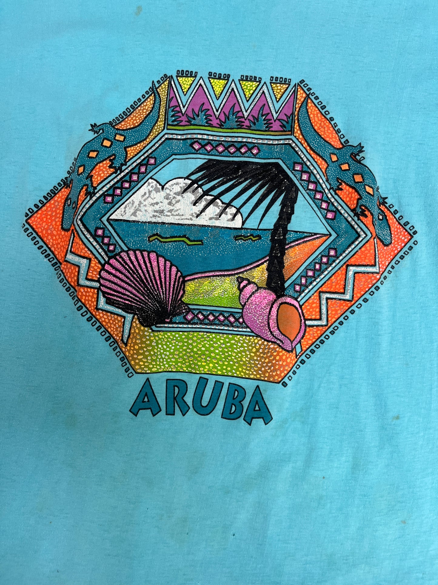 Aruba Palm Trees Graphic Tee | Size Medium | Vintage 1990s Single Stitch Tourist Blue T-Shirt |