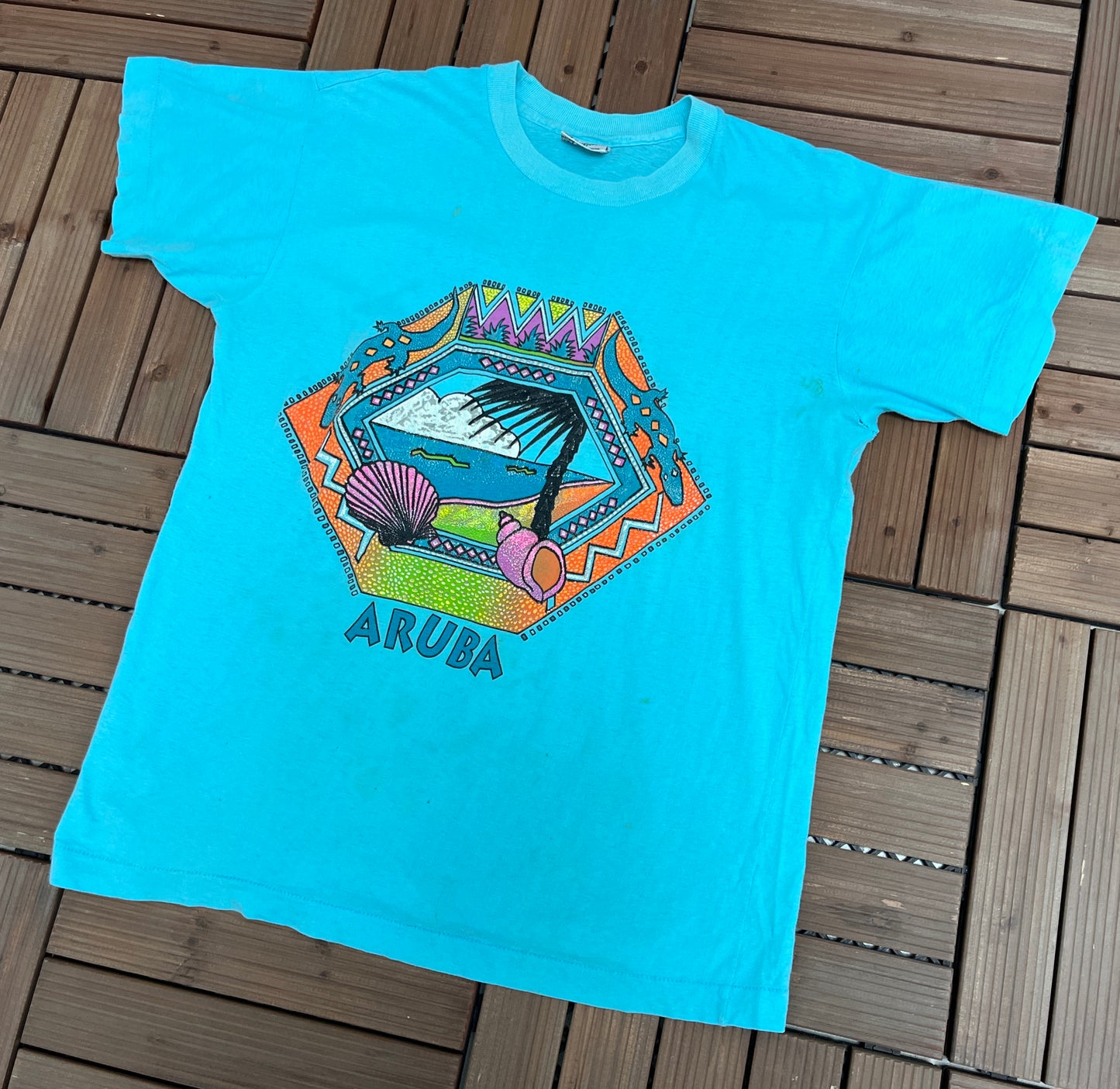 Aruba Palm Trees Graphic Tee | Size Medium | Vintage 1990s Single Stitch Tourist Blue T-Shirt |