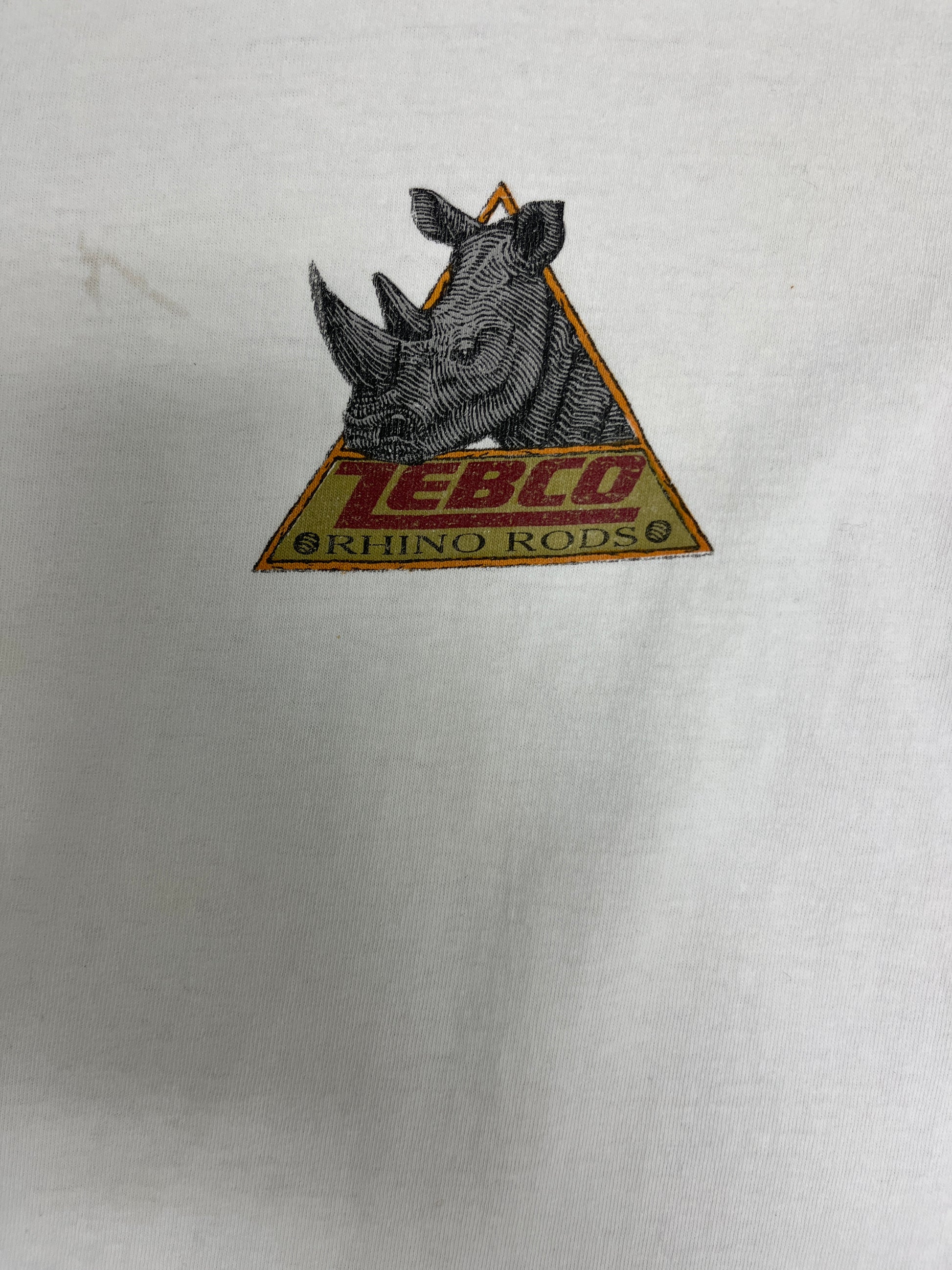 Zebco Rhino Rods Fishing Graphic Tee | Size Large | Vintage 1990s Distressed Promotional White T-Shirt | Made in USA 
