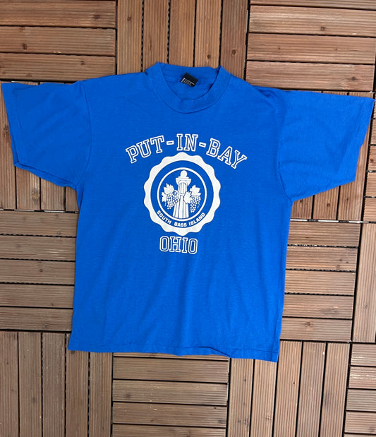 Put-In-Bay, Ohio Graphic Tee | Size X-Large | Vintage 1990s Single Stitch Tourist Blue T-Shirt | Made in USA |