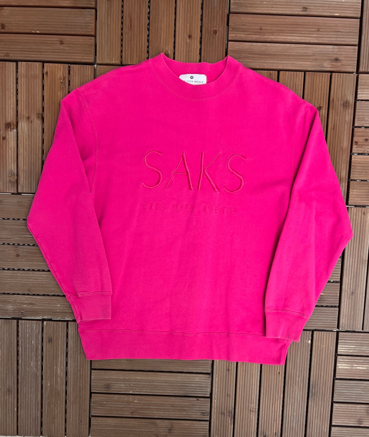 Saks Fifth Avenue Graphic Crewneck | Size Medium | Vintage 2000s Promotional Pink Sweater |