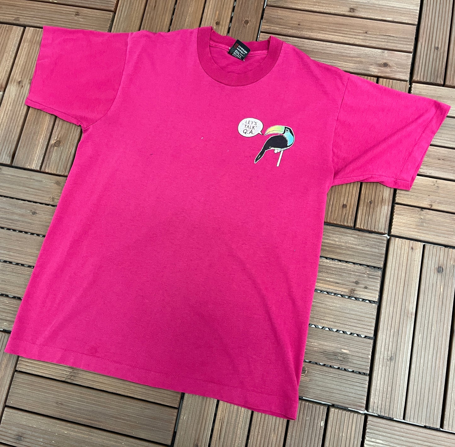 Let's Talk Q.A. Graphic Tee | Size Large | Vintage 1990s Single Stitch Pink T-Shirt | Made in Canada |