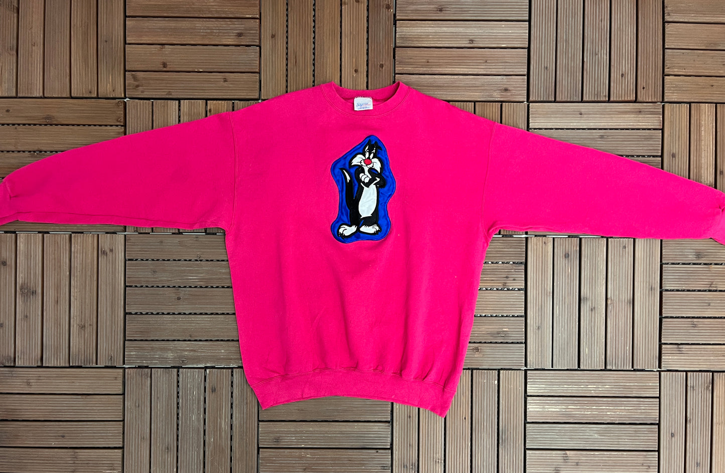 Sylvester Stitched Graphic Crewneck | Size X-Large | Vintage 1990s Pink Cartoon Promotional Sweater |