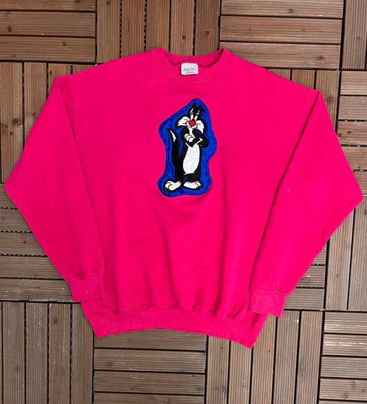 Sylvester Stitched Graphic Crewneck | Size X-Large | Vintage 1990s Pink Cartoon Promotional Sweater |