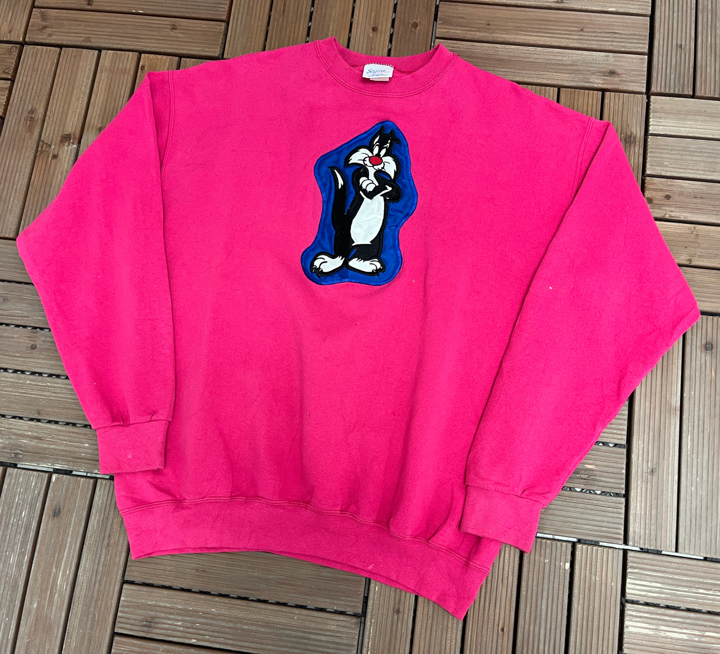 Sylvester Stitched Graphic Crewneck | Size X-Large | Vintage 1990s Pink Cartoon Promotional Sweater |