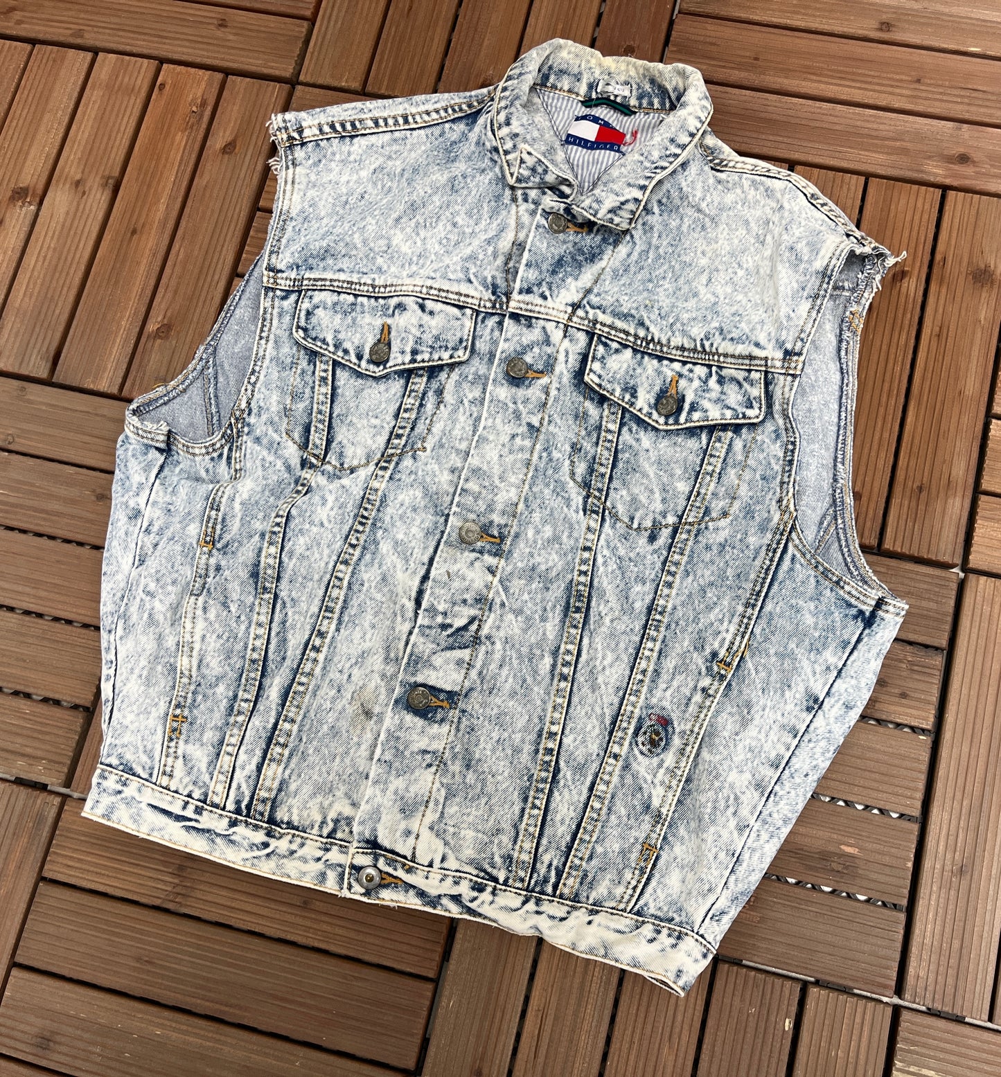 Tommy Hilfiger Crest Denim Jean Jacket Vest | Size Medium | Vintage 2000s Branded Light Blue Denim Vest |