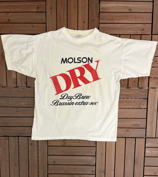 Molson Dry Dry Brew Graphic Tee | Size Small | Vintage 2000s Alcohol Promotional White T-Shirt |