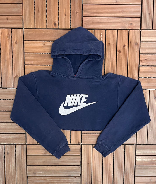 Nike Swoosh Cropped Graphic Hoodie | Size X-Large | Vintage 1990s Nike Branded Blue Sweater |