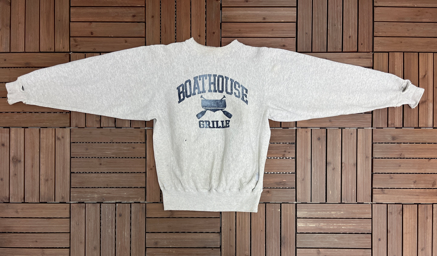 Boathouse Grille Graphic Crewneck | Size Medium | Vintage 1990s Promotional Grey Sweater |