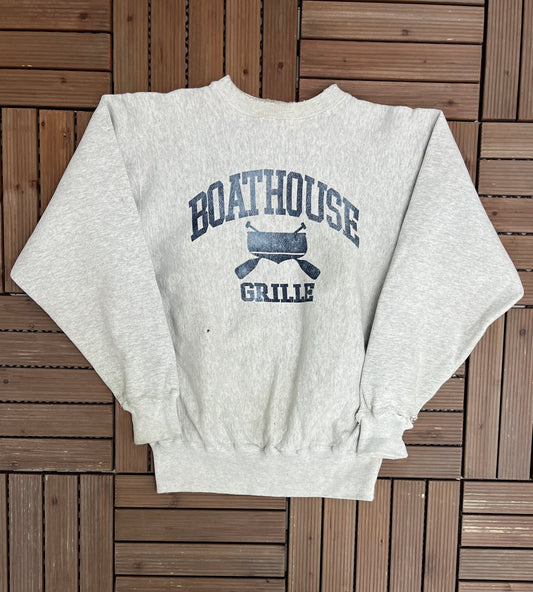 Boathouse Grille Graphic Crewneck | Size Medium | Vintage 1990s Promotional Grey Sweater |