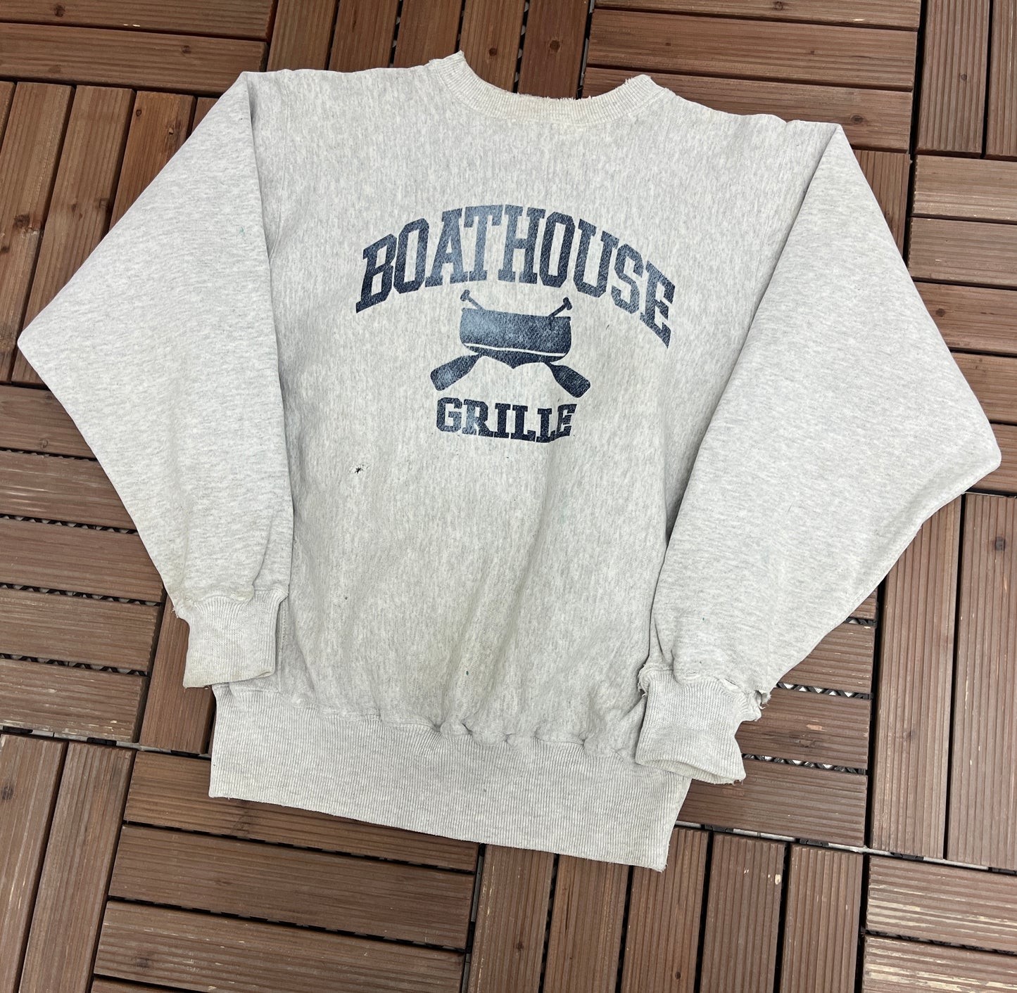 Boathouse Grille Graphic Crewneck | Size Medium | Vintage 1990s Promotional Grey Sweater |