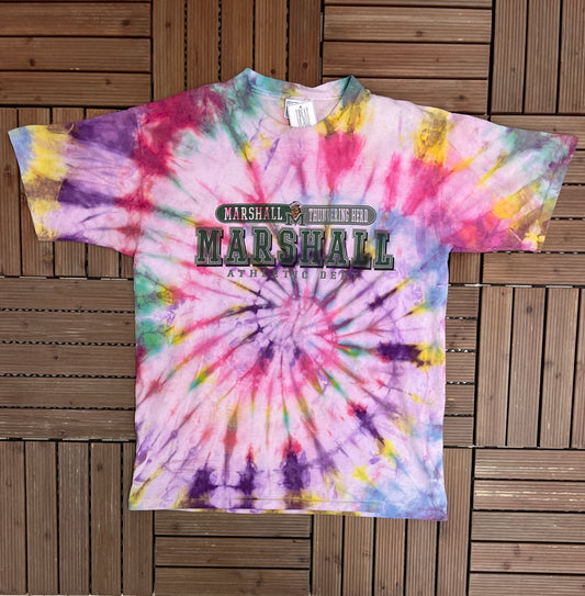 Marshall Thundering Herd Tie Dye Graphic Tee | Size XL | Vintage 1990s College Sports Single Stitch Purple T-Shirt | Free Shipping to USA |