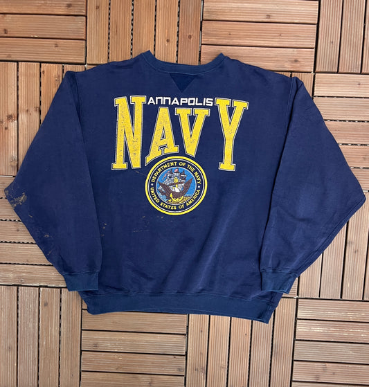 Annapolis Navy Graphic Crewneck | Size X-Large | Vintage 1990s Galt Sand College Blue Sweater |