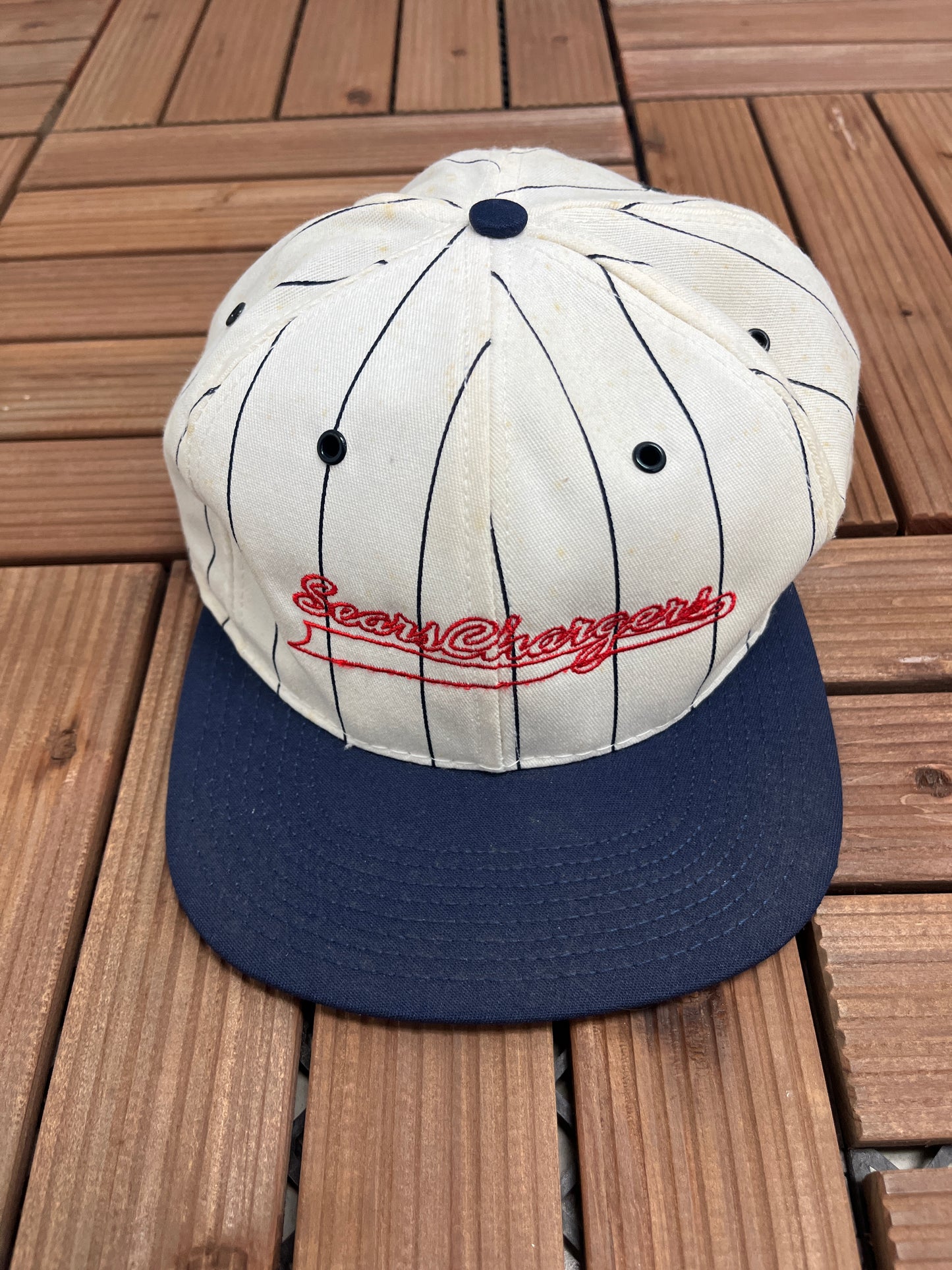 Sears Chargers Graphic Hat | Snap Back | Vintage 1990s Made in USA Pinstripe White Cap |