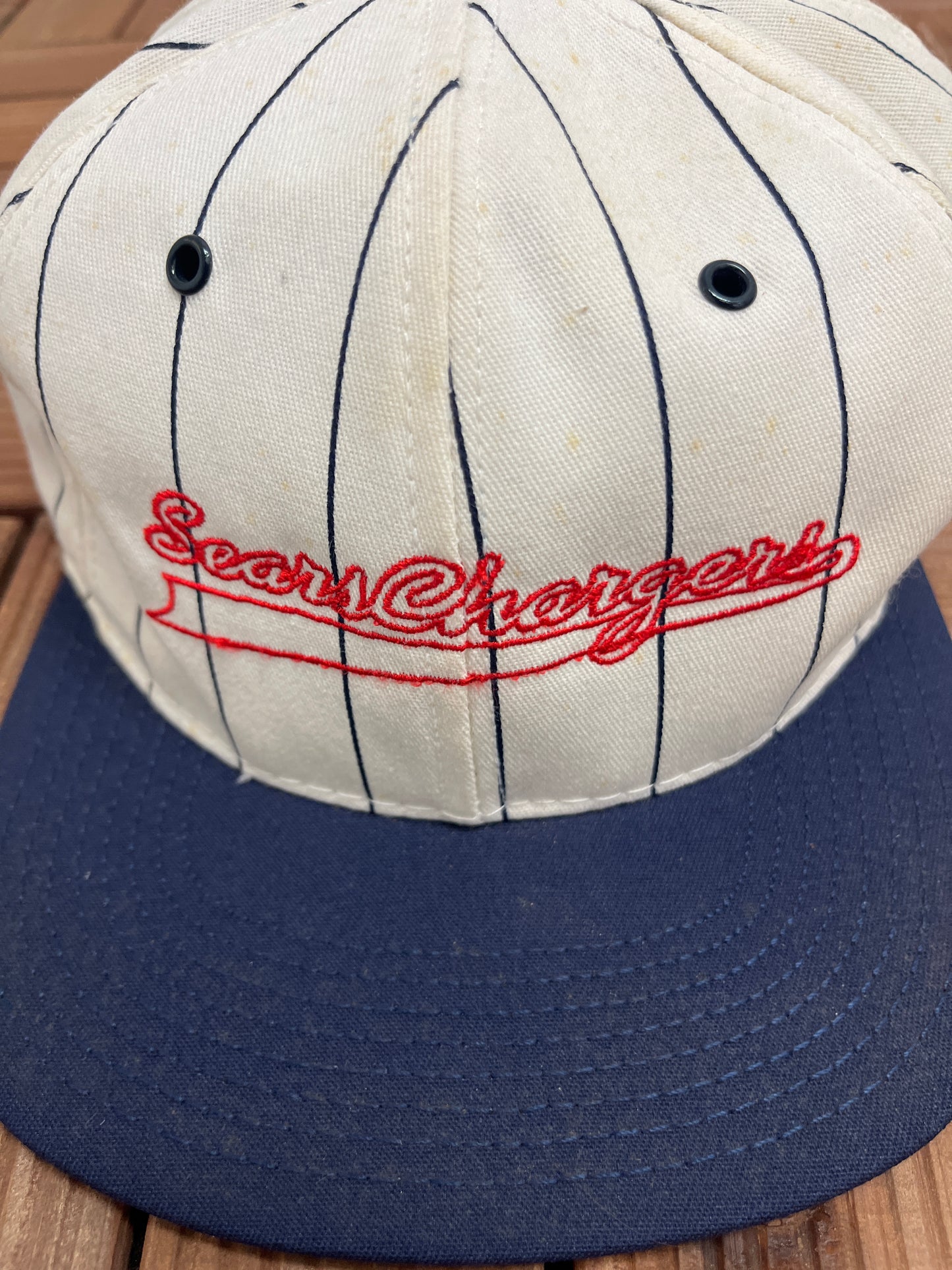 Sears Chargers Graphic Hat | Snap Back | Vintage 1990s Made in USA Pinstripe White Cap |