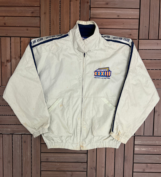 Super Bowl XXXIII Graphic Light Jacket | Size Large | Vintage 1990s Pro Player Branded NFL Beige Jacket |