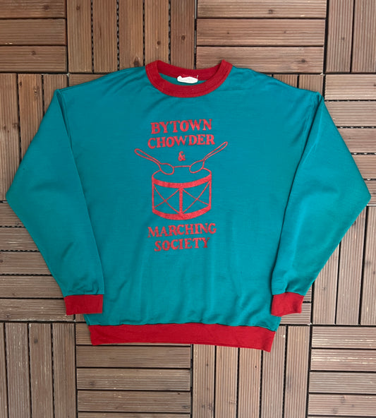 Bytown Chowder & Marching Society Graphic Crewneck | Size X-Large | Vintage 1990s Teal Promotional Sweater |