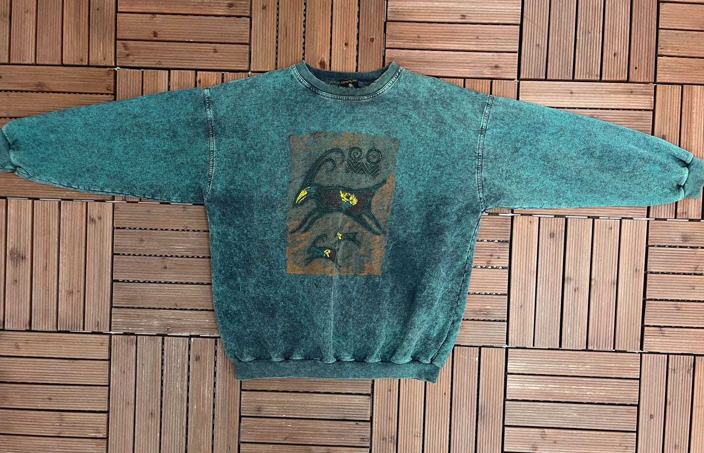 Genoa Bay Designs Abstract Graphic Crewneck | Size Large | Vintage 1990s Abstract Art Green Sweater |