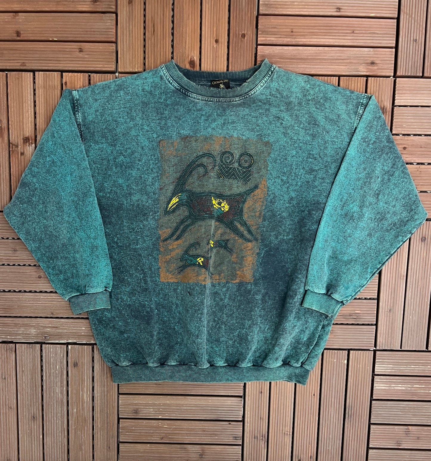 Genoa Bay Designs Abstract Graphic Crewneck | Size Large | Vintage 1990s Abstract Art Green Sweater |