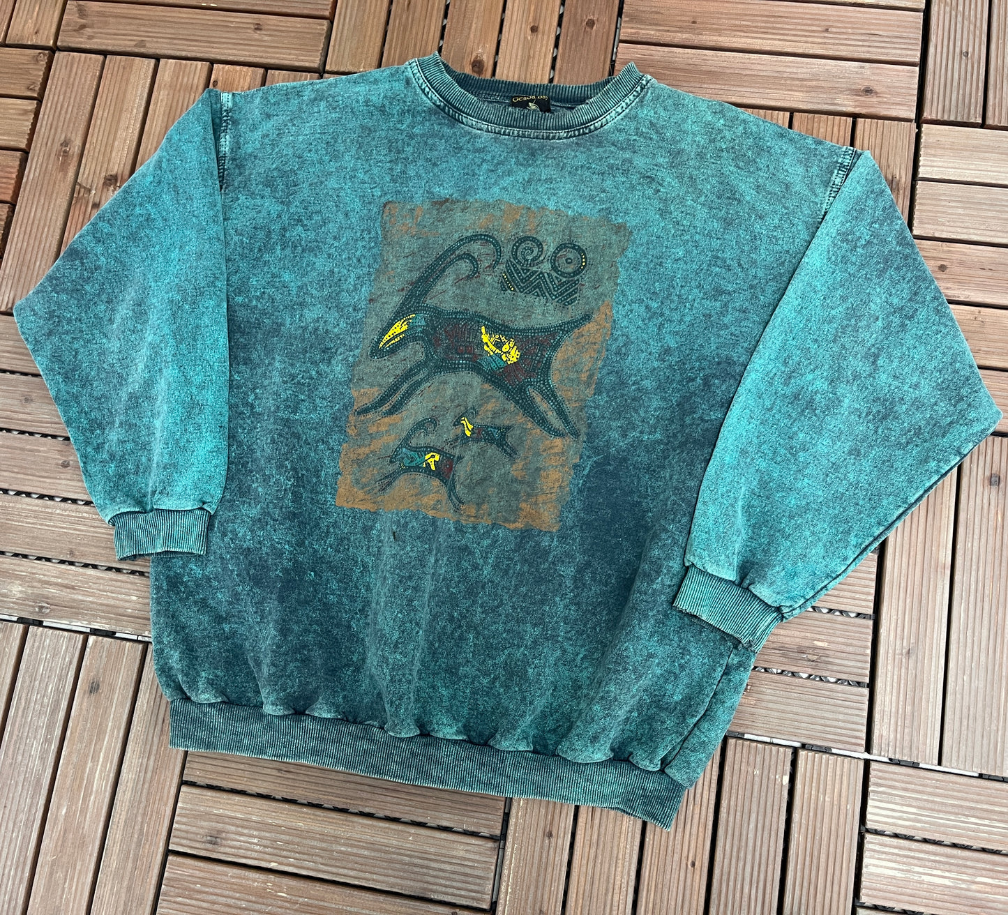 Genoa Bay Designs Abstract Graphic Crewneck | Size Large | Vintage 1990s Abstract Art Green Sweater |