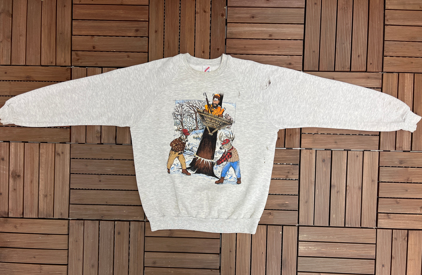 Hunting Canada Graphic Crewneck | Size X-Large | Vintage 1990s Funny Grey Sweater | Made in USA |