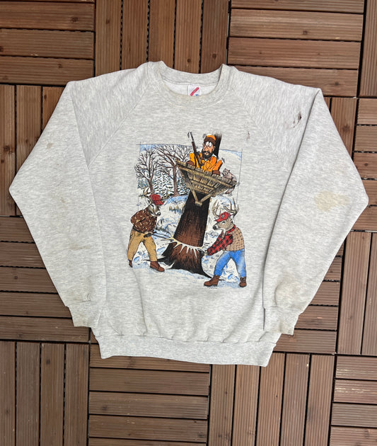 Hunting Canada Graphic Crewneck | Size X-Large | Vintage 1990s Funny Grey Sweater | Made in USA |