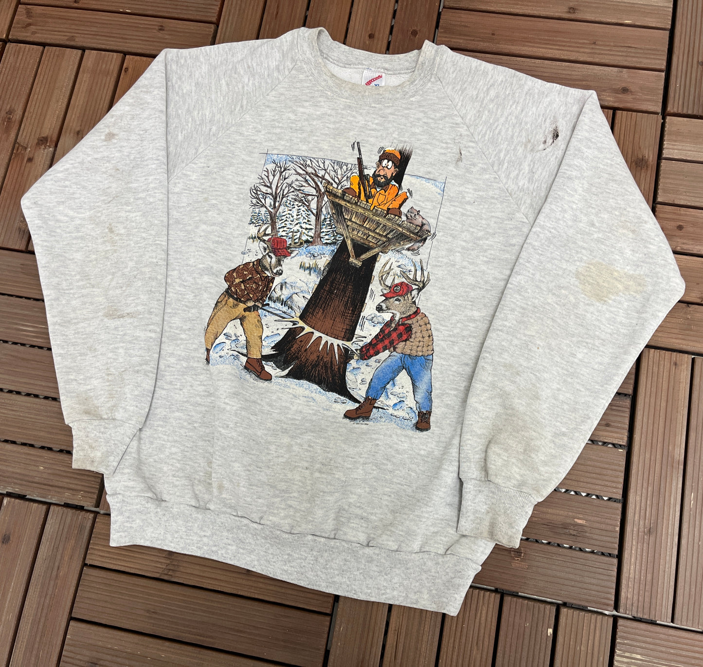 Hunting Canada Graphic Crewneck | Size X-Large | Vintage 1990s Funny Grey Sweater | Made in USA |