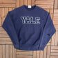 Yale University Spell Out Stitched Graphic Crewneck | Size X-Large | Vintage 1990s Made in USA College Blue Sweater |