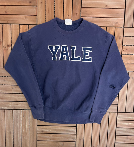 Yale University Spell Out Stitched Graphic Crewneck | Size X-Large | Vintage 1990s Made in USA College Blue Sweater |