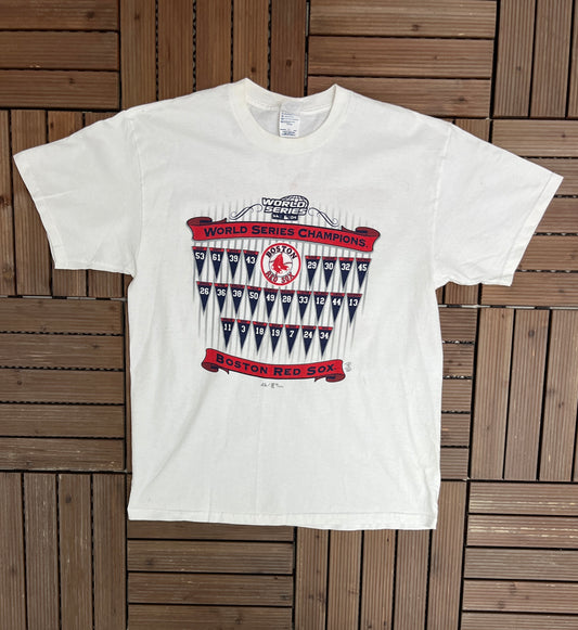 Boston Red Sox 2004 World Series Champions Graphic Tee | Size Large | Vintage 2000s Promotional MLB Baseball White T-Shirt |