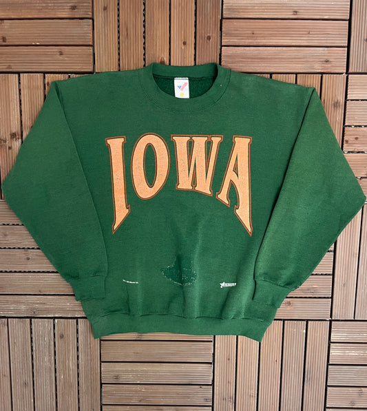 Iowa Graphic Crewneck | Size Large | Vintage 1990s College Sports Green Sweater |