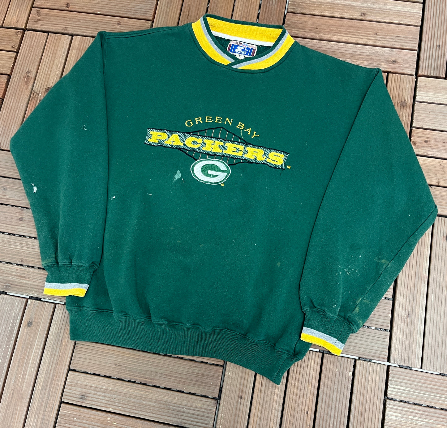 Green Bay Packers Embroidered Graphic Crewneck | Size Large | Vintage 1990s NFL Football Green Sweater | Starter Branded |