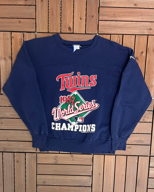 Minnesota Twins World Series Champions 1987 Graphic Crewneck | Size Medium | Vintage 1980s MLB Baseball Blue Sweater |