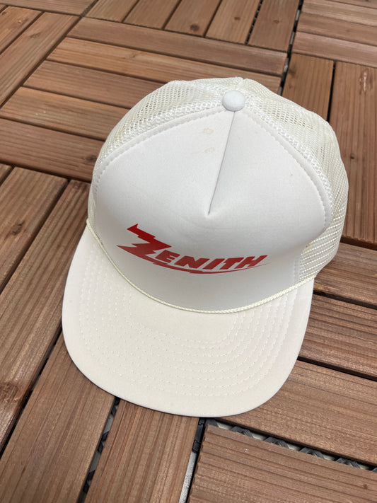 Zenith Spell Out Graphic Hat | Snap Back | Vintage 1990s Promotional White Trucker Cap |