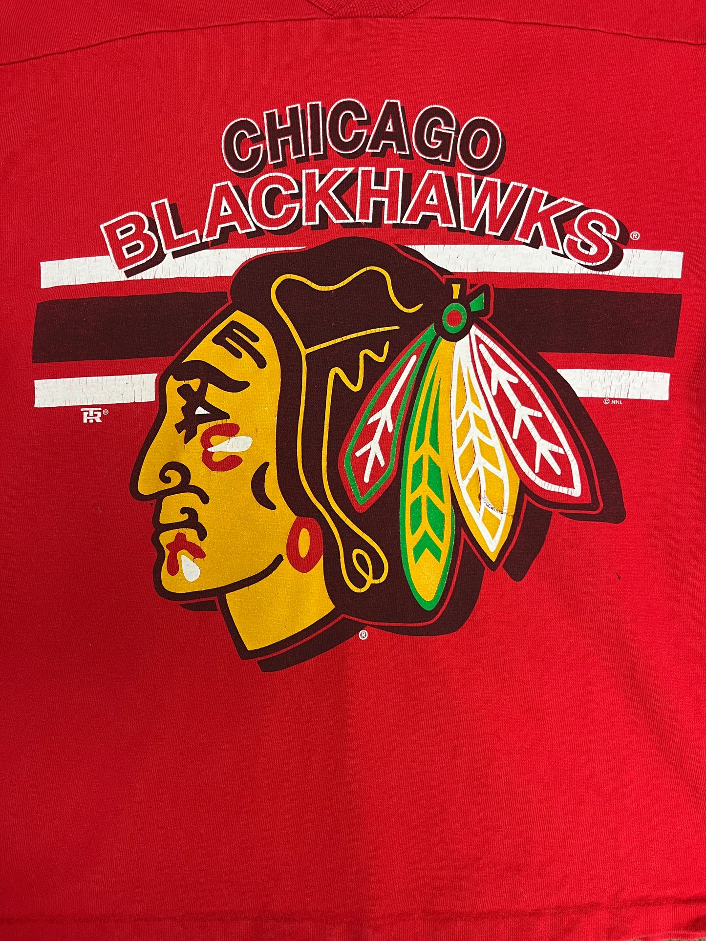 Chicago Blackhawks Graphic Tee | Size Large | Vintage 1990s NHL Hockey Half Sleeve Red T-Shirt | Made in USA |