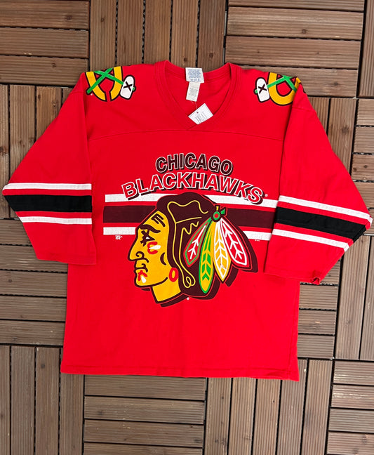 Chicago Blackhawks Graphic Tee | Size Large | Vintage 1990s NHL Hockey Half Sleeve Red T-Shirt | Made in USA |