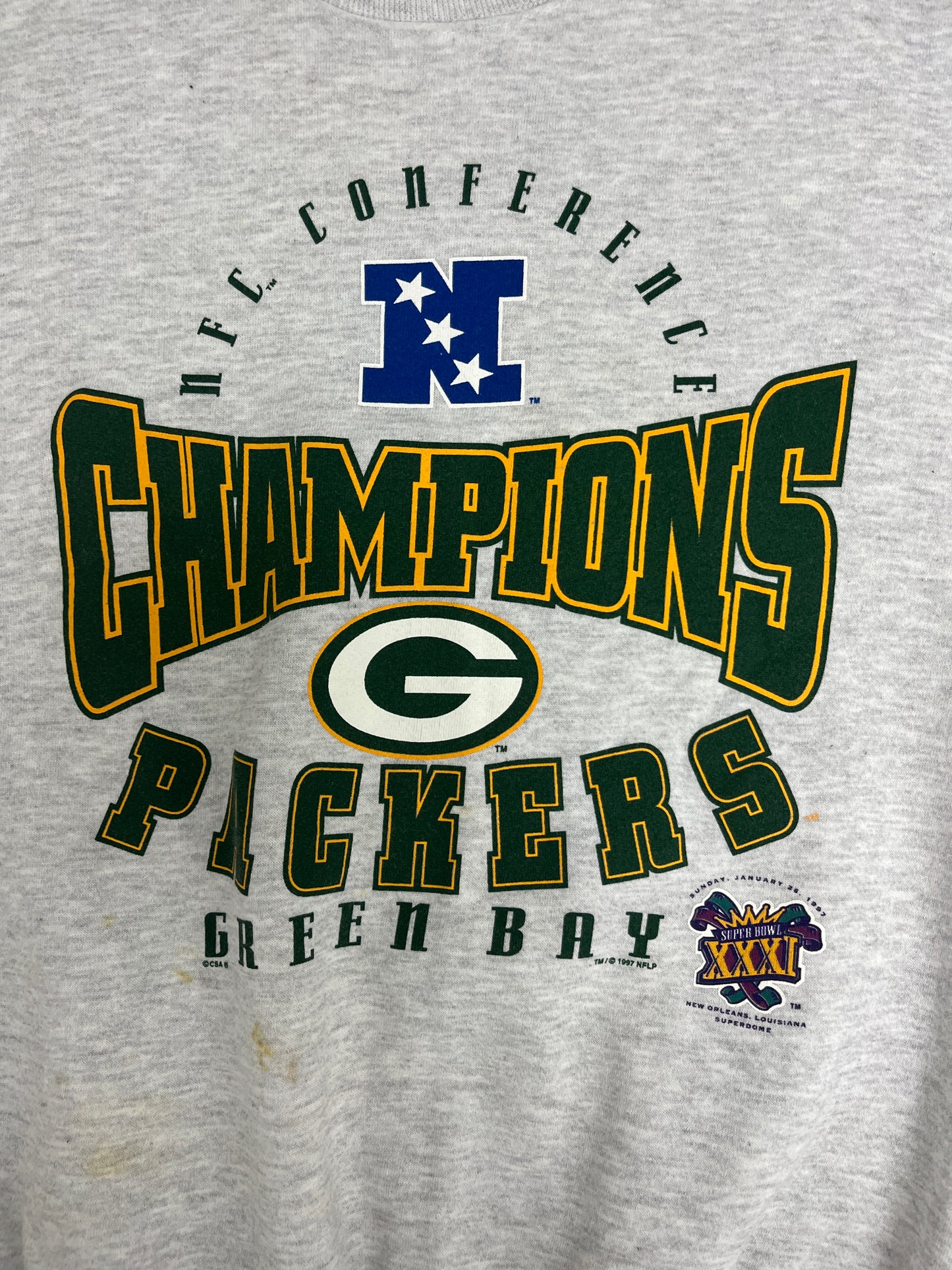 Green Bay Packers Super Bowl XXXI Graphic Crewneck | Size X-Large | Vintage 1990s NFL Football Grey Sweater | Made in USA |